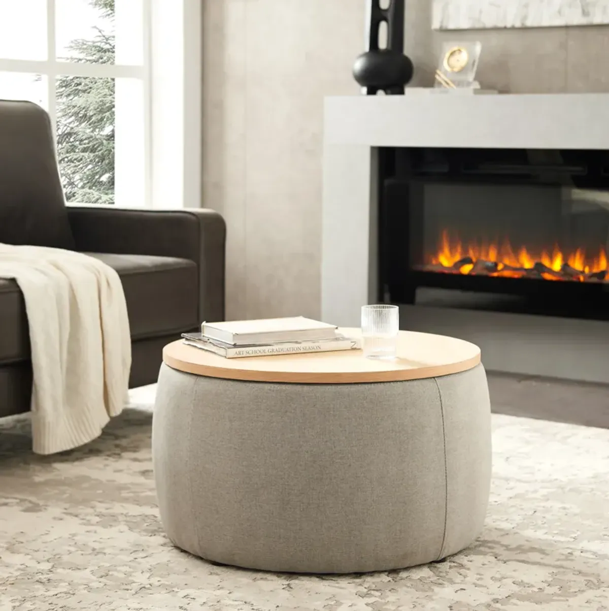 Streamdale Round Storage Ottoman, 2 In 1 Function, Work As End Table And Ottoman