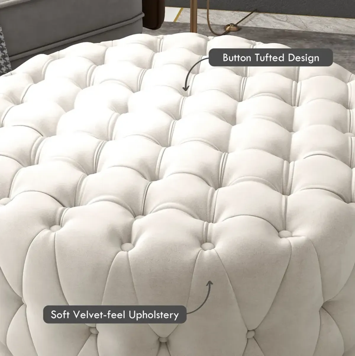 Beige Velvet-Feel Round Ottoman: Button Tufted, Padded Seat