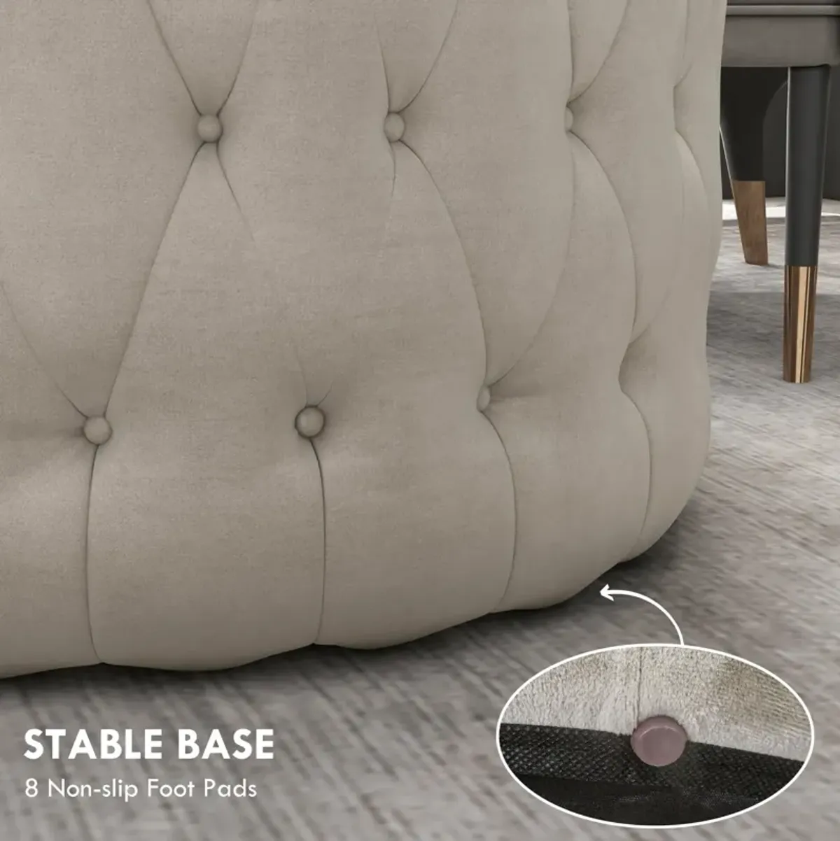 Beige Velvet-Feel Round Ottoman: Button Tufted, Padded Seat