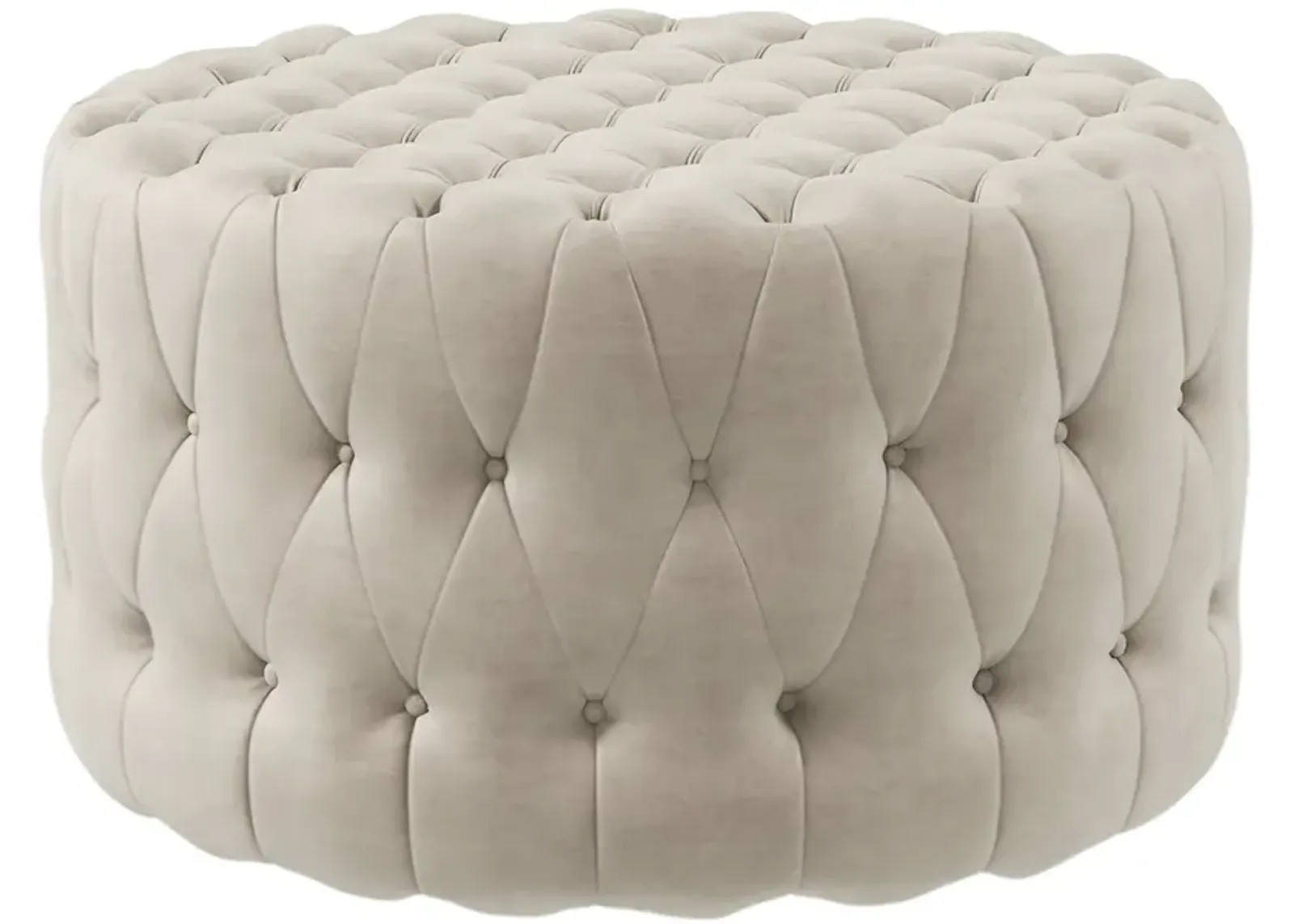 Beige Velvet-Feel Round Ottoman: Button Tufted, Padded Seat