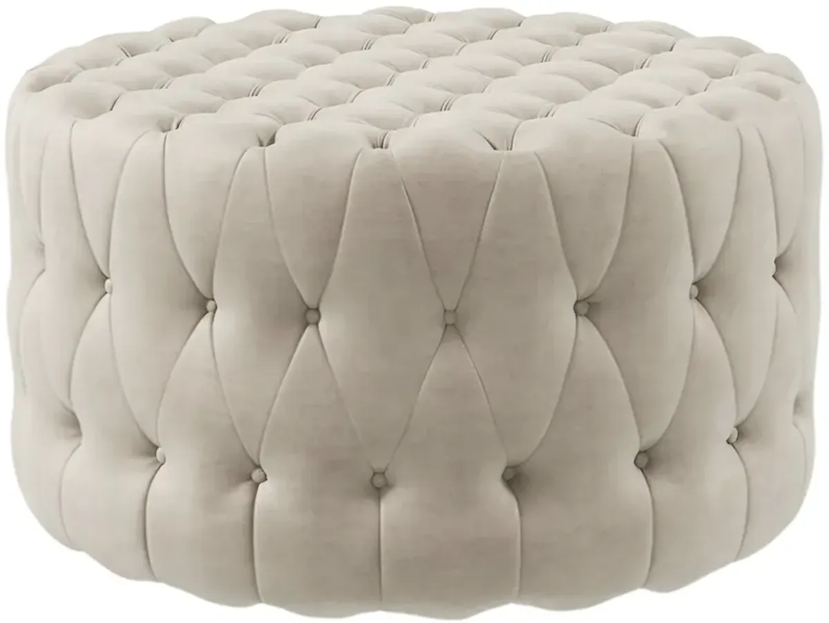 Beige Velvet-Feel Round Ottoman: Button Tufted, Padded Seat