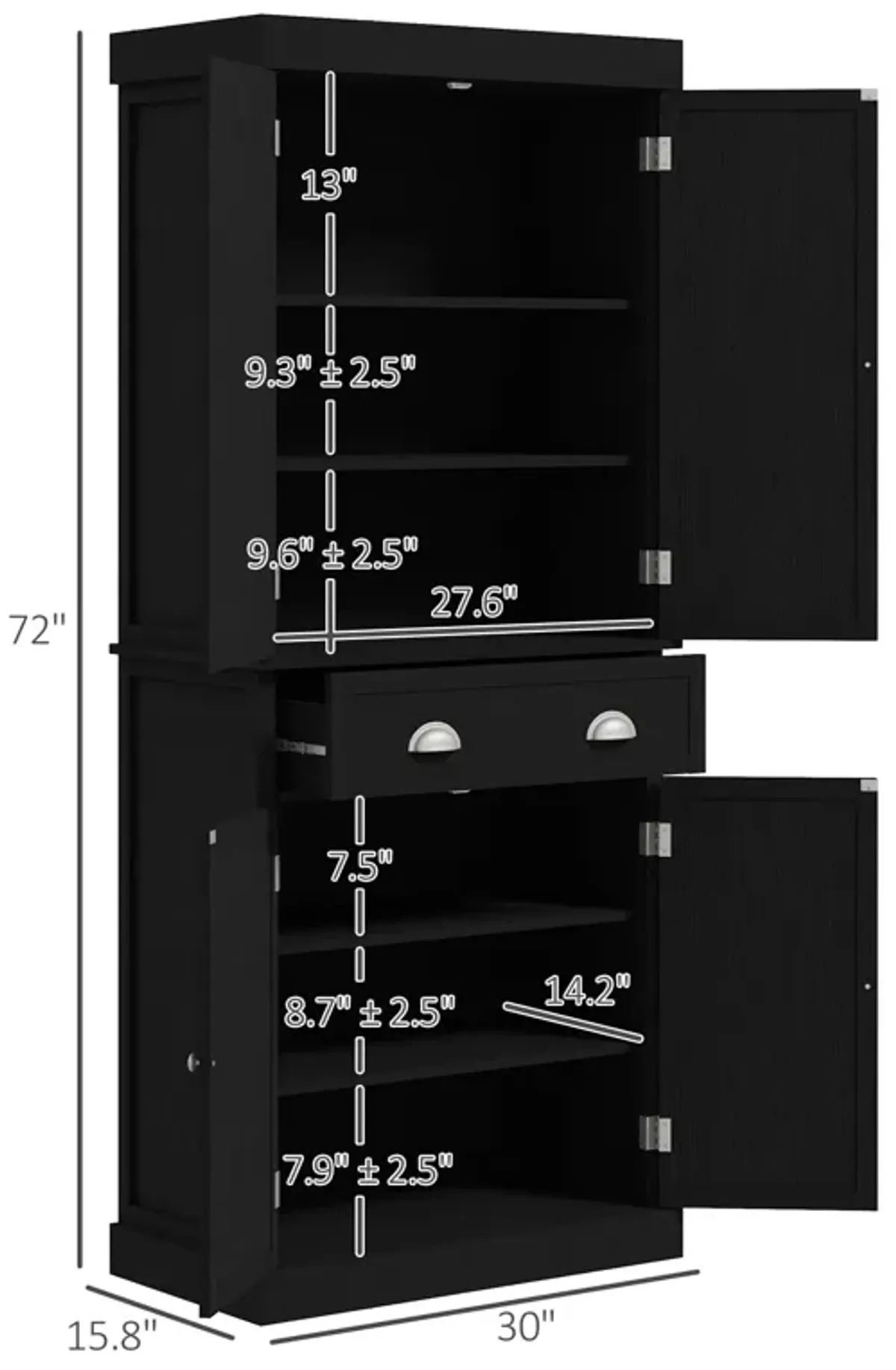 Black Kitchen Pantry: 72" Cabinet with Doors and Shelves