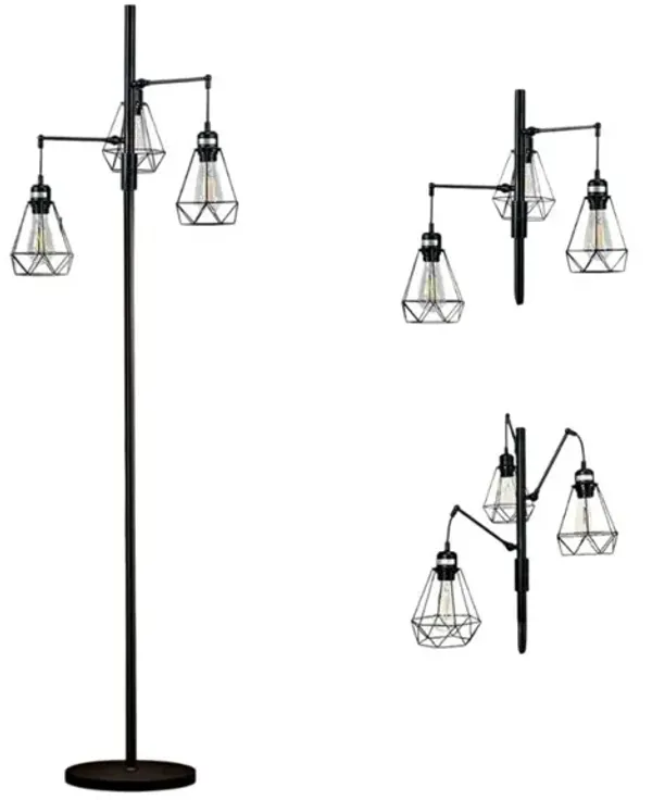 Industrial Tree Floor Lamp – 69" Tall, Dimmable, 3 Cage Shades, Edison Bulbs Included