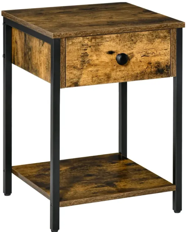 Rustic Brown End Table: Industrial Accent Side Table with Drawer, Storage Shelf
