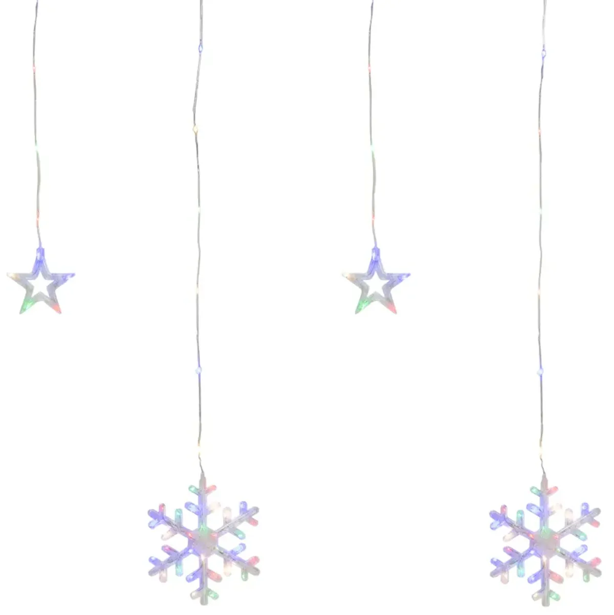 250 Multi-Color LED Star and Snowflake Window Curtain Christmas Lights - 16ft Clear Wire