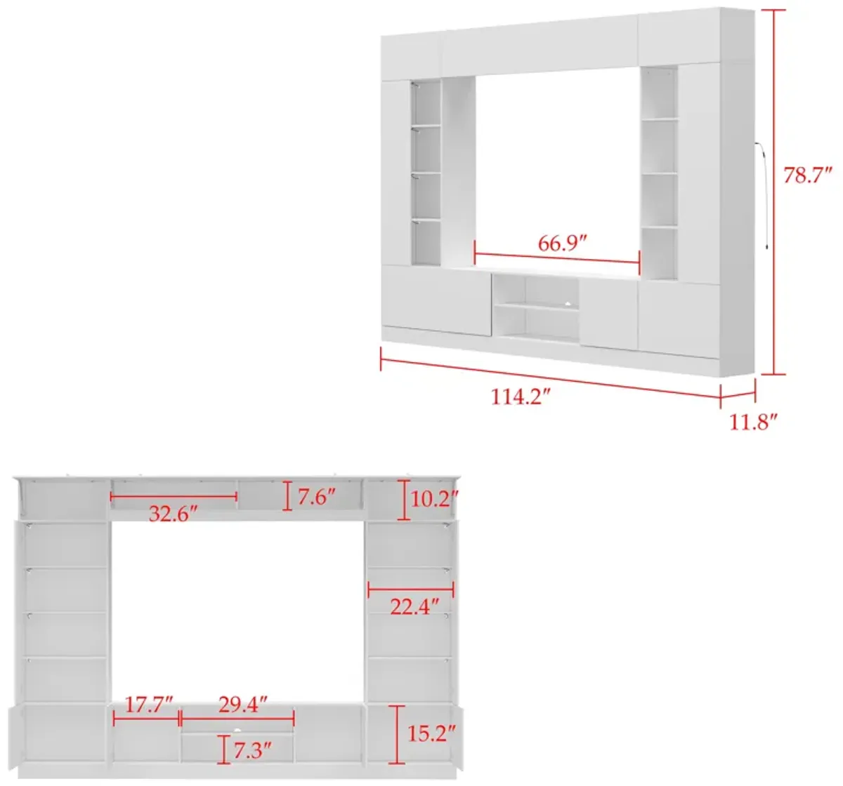 4-Piece White Wood Entertainment Center TV Console with Door Cabinets, Bookshelves, LED Lights for TVs up to 75 in.