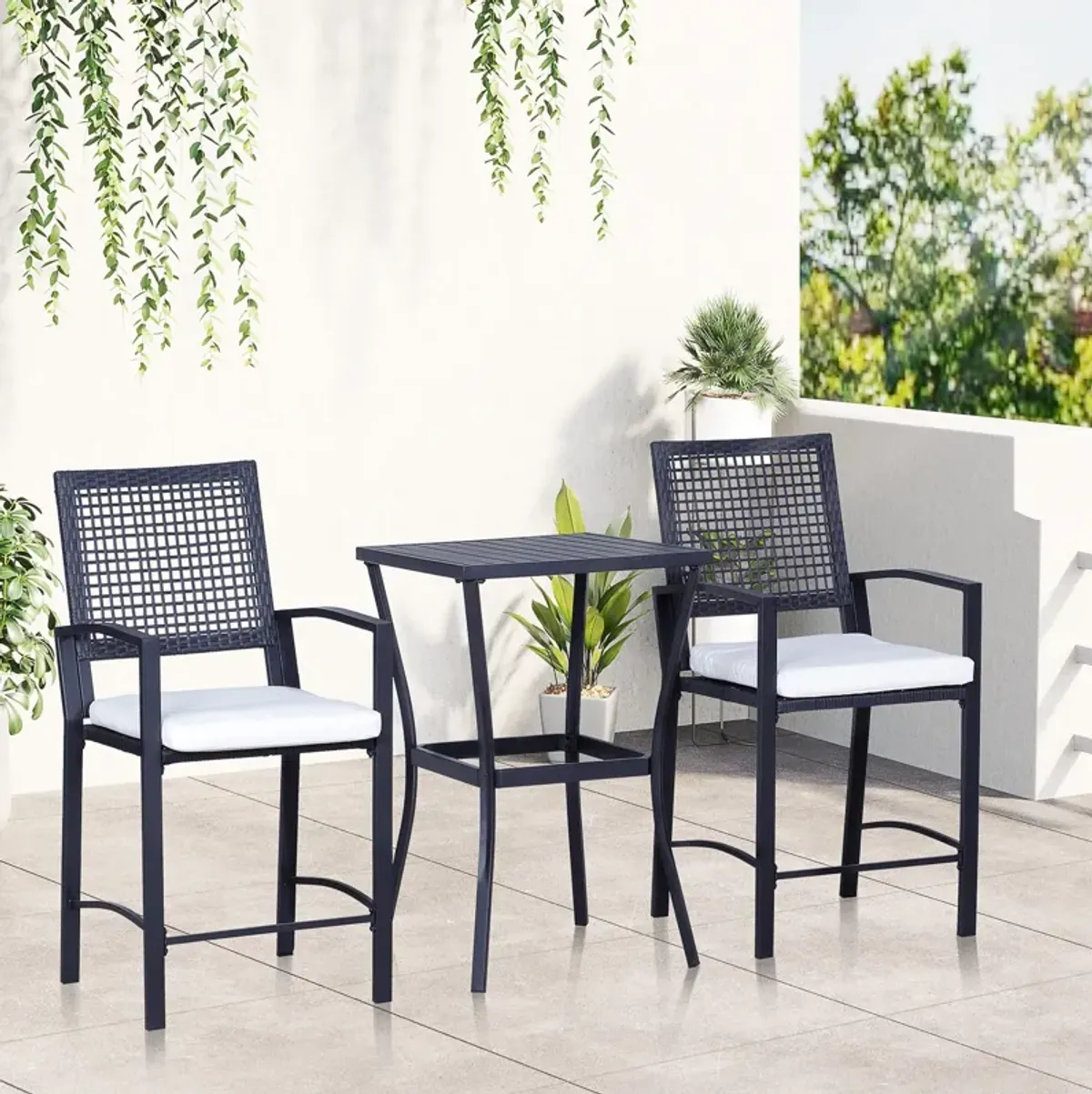 Rattan Alfresco Bar: 3-Piece Wicker Patio Set with Cushions for Backyard