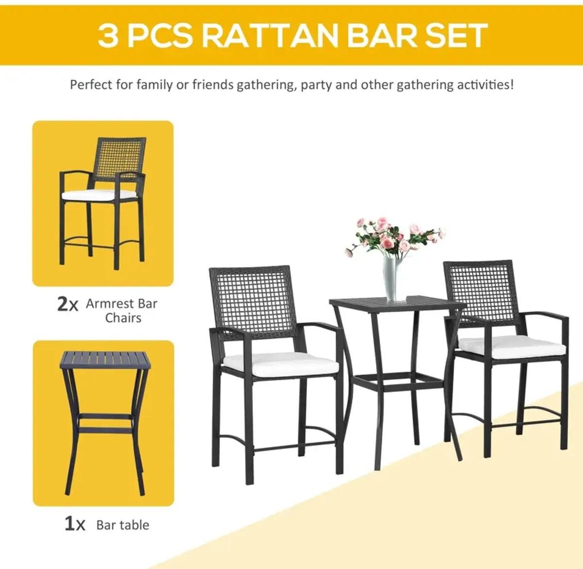 Rattan Alfresco Bar: 3-Piece Wicker Patio Set with Cushions for Backyard