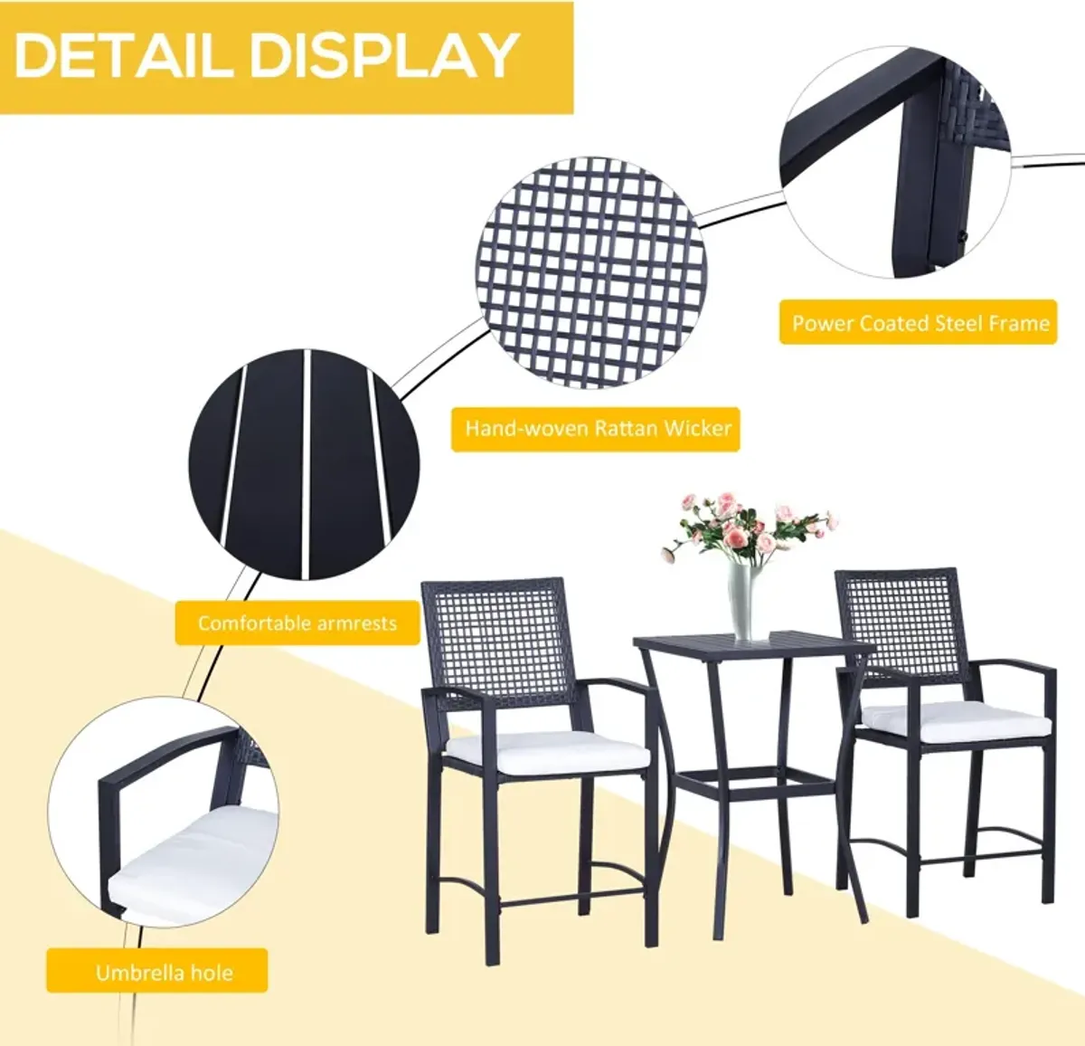 Rattan Alfresco Bar: 3-Piece Wicker Patio Set with Cushions for Backyard