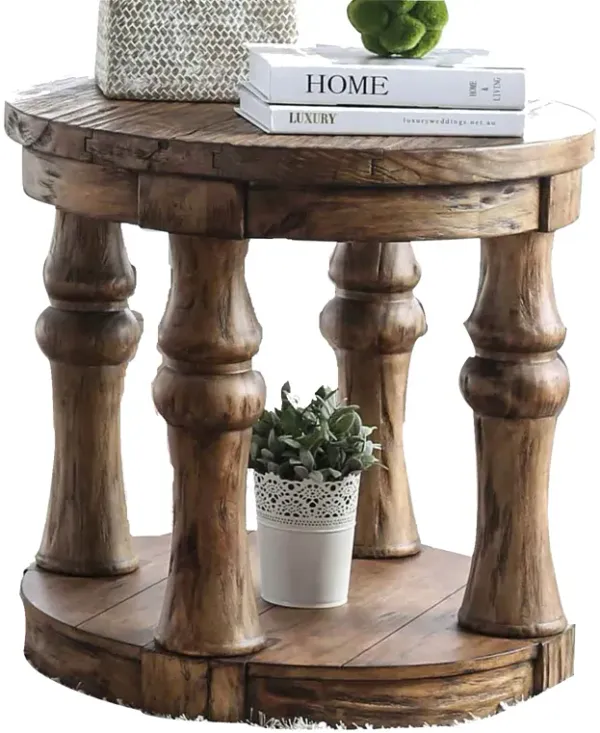 Transitional Round End Table with Open Shelf and Turned Legs,Antique Oak-Benzara