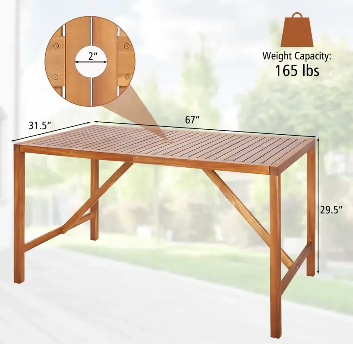 67 Inch Patio Rectangle Acacia Wood Dining Table with Umbrella Hole