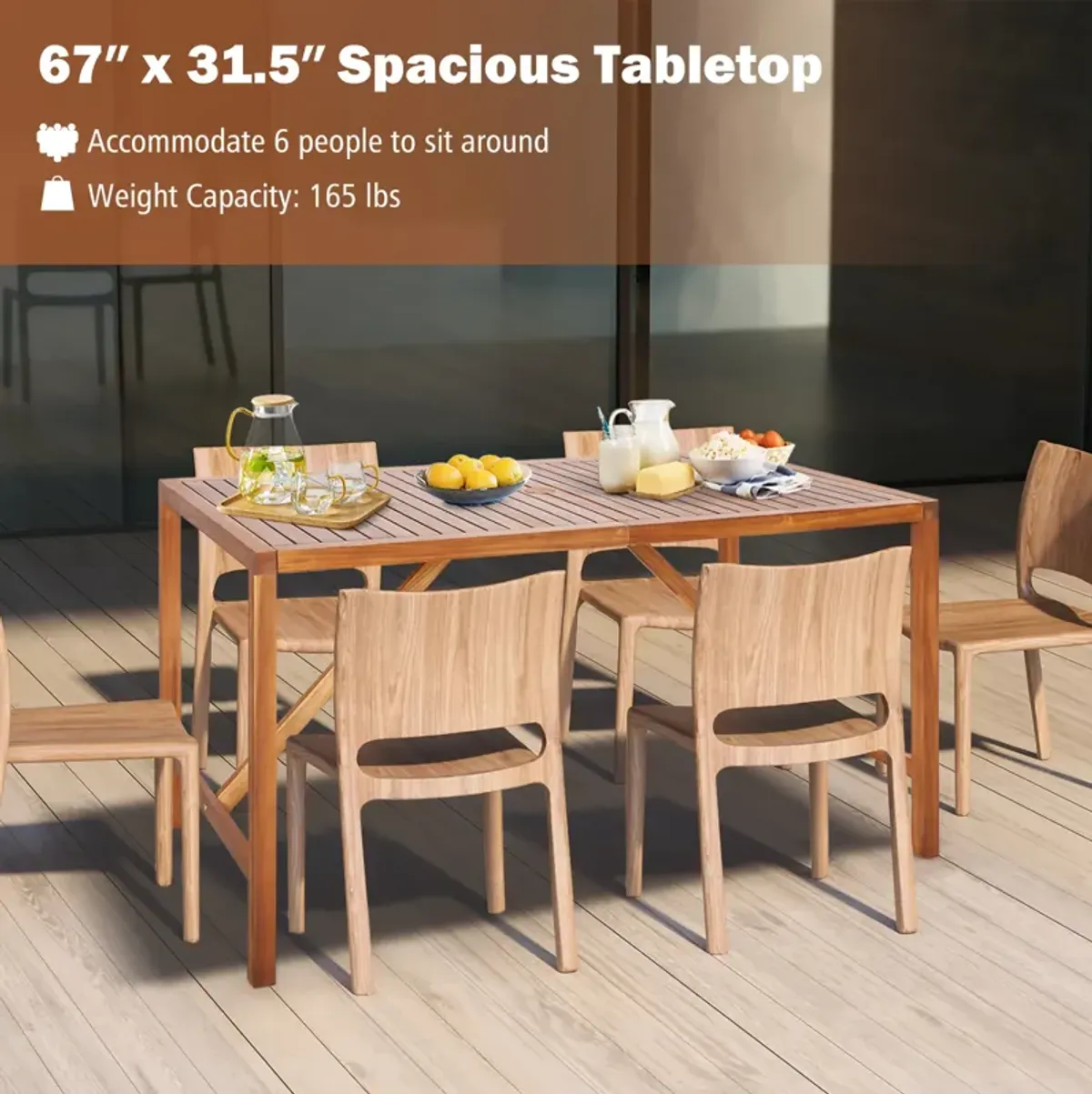 67 Inch Patio Rectangle Acacia Wood Dining Table with Umbrella Hole