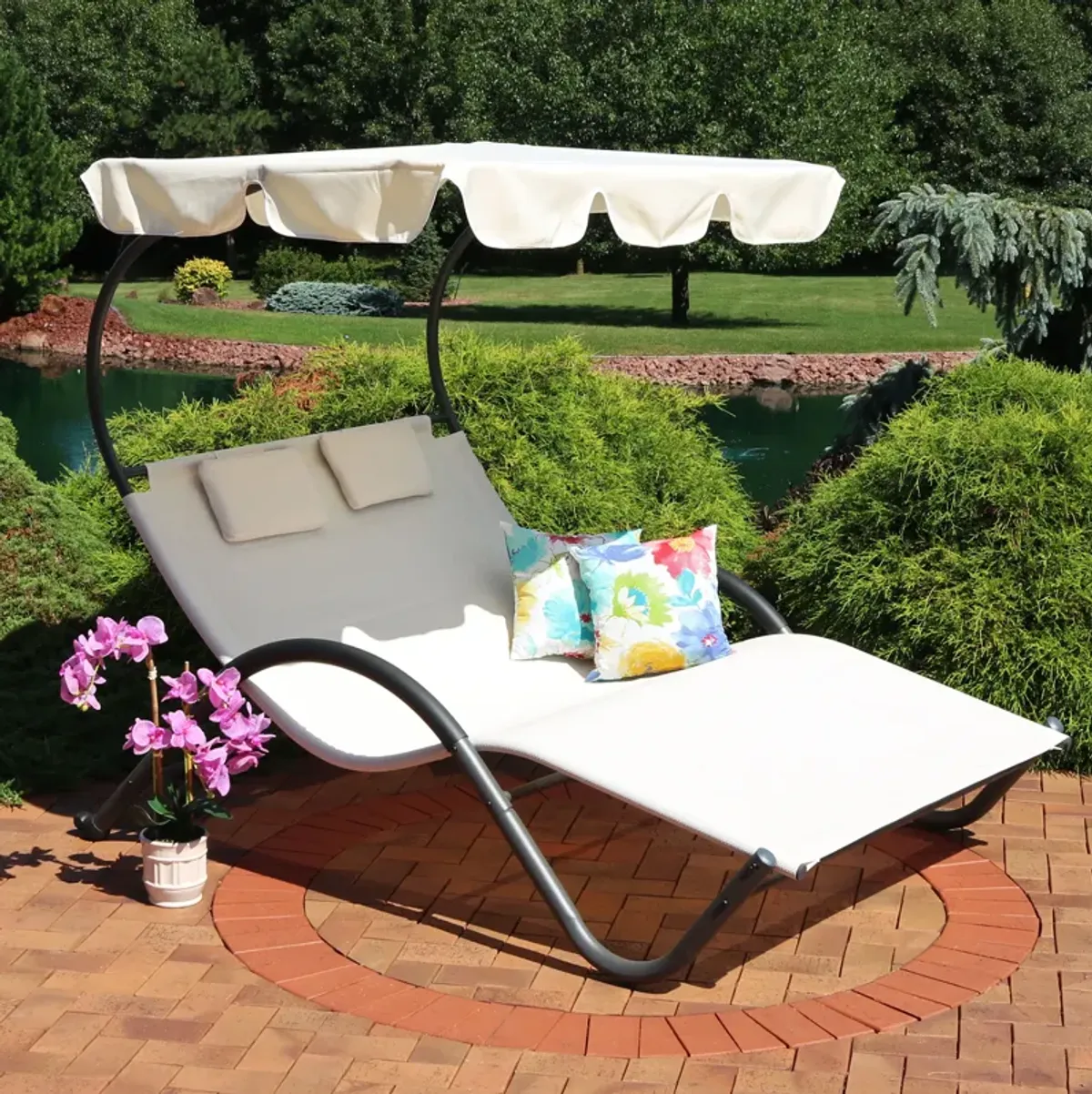 Sunnydaze Sling Fabric Double Outdoor Chaise Lounge Bed with Canopy - Beige