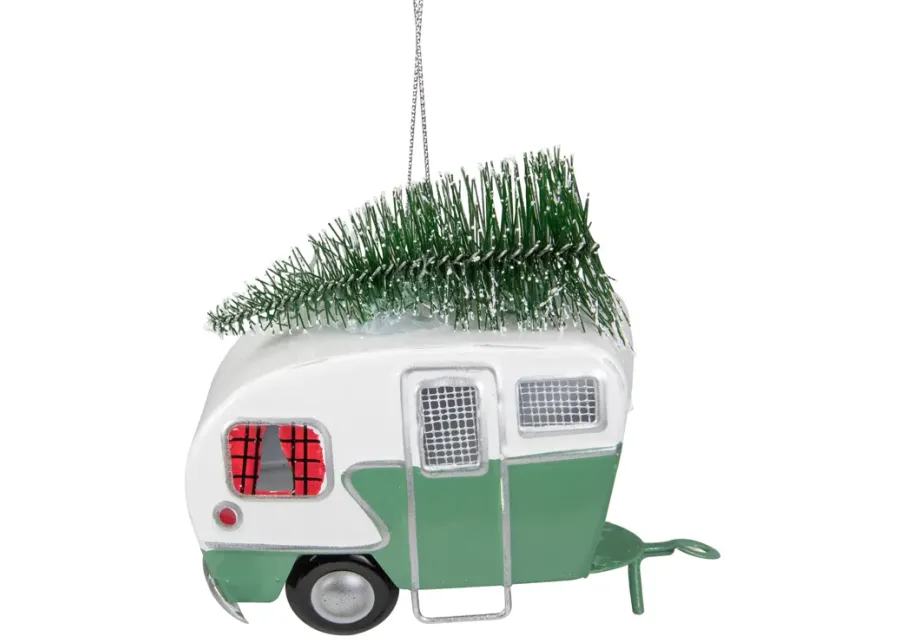 4.25" Green and White RV Camper Van with Tree Christmas Ornament