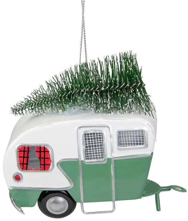 4.25" Green and White RV Camper Van with Tree Christmas Ornament