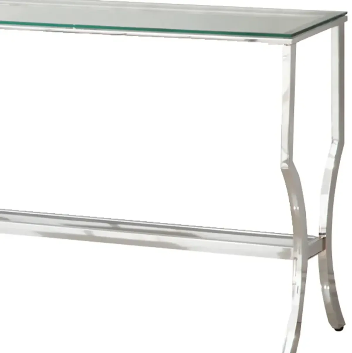 Glass Top Sofa Table with Metal Frame and Mirror Shelf, Chrome-Benzara