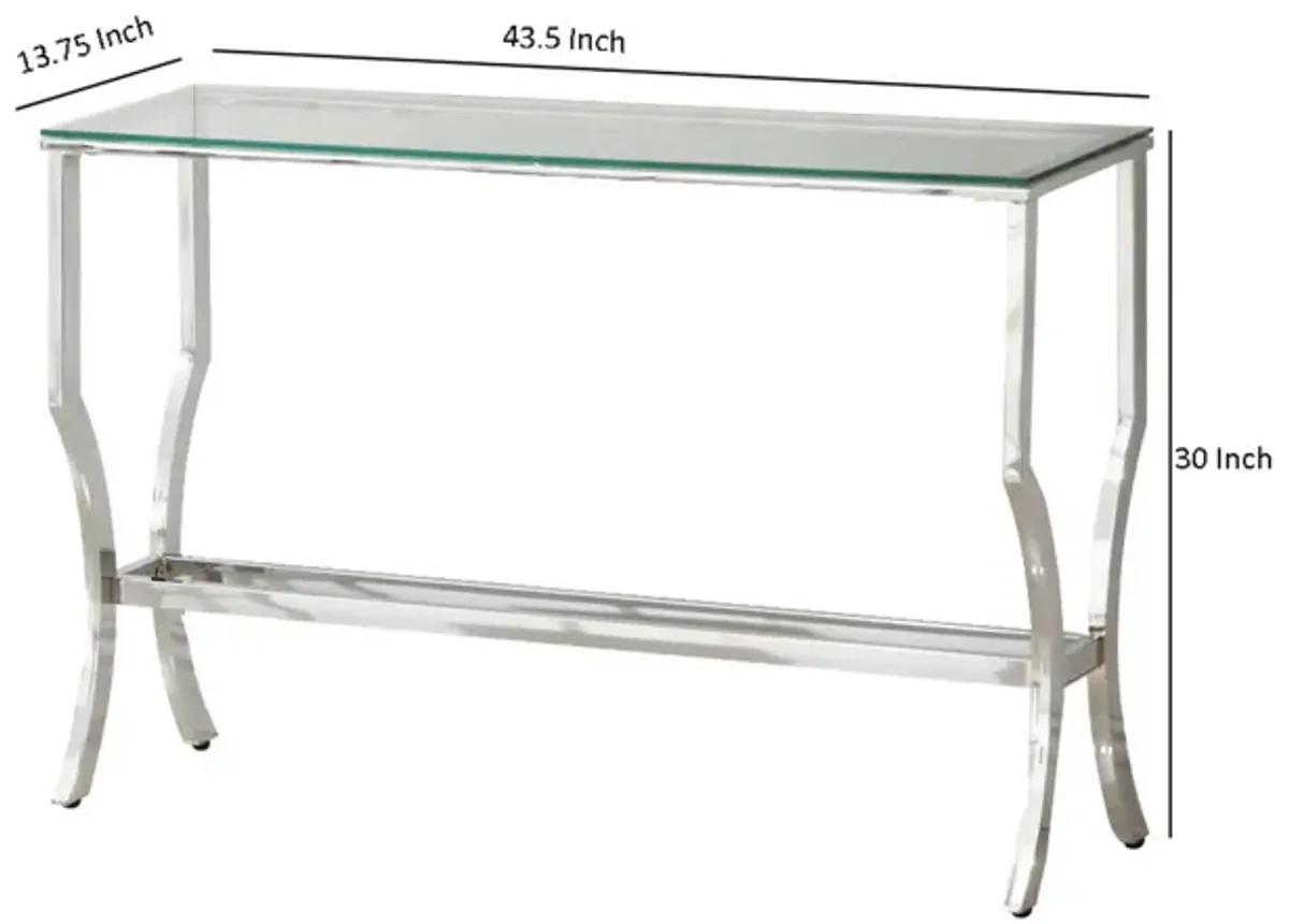 Glass Top Sofa Table with Metal Frame and Mirror Shelf, Chrome-Benzara