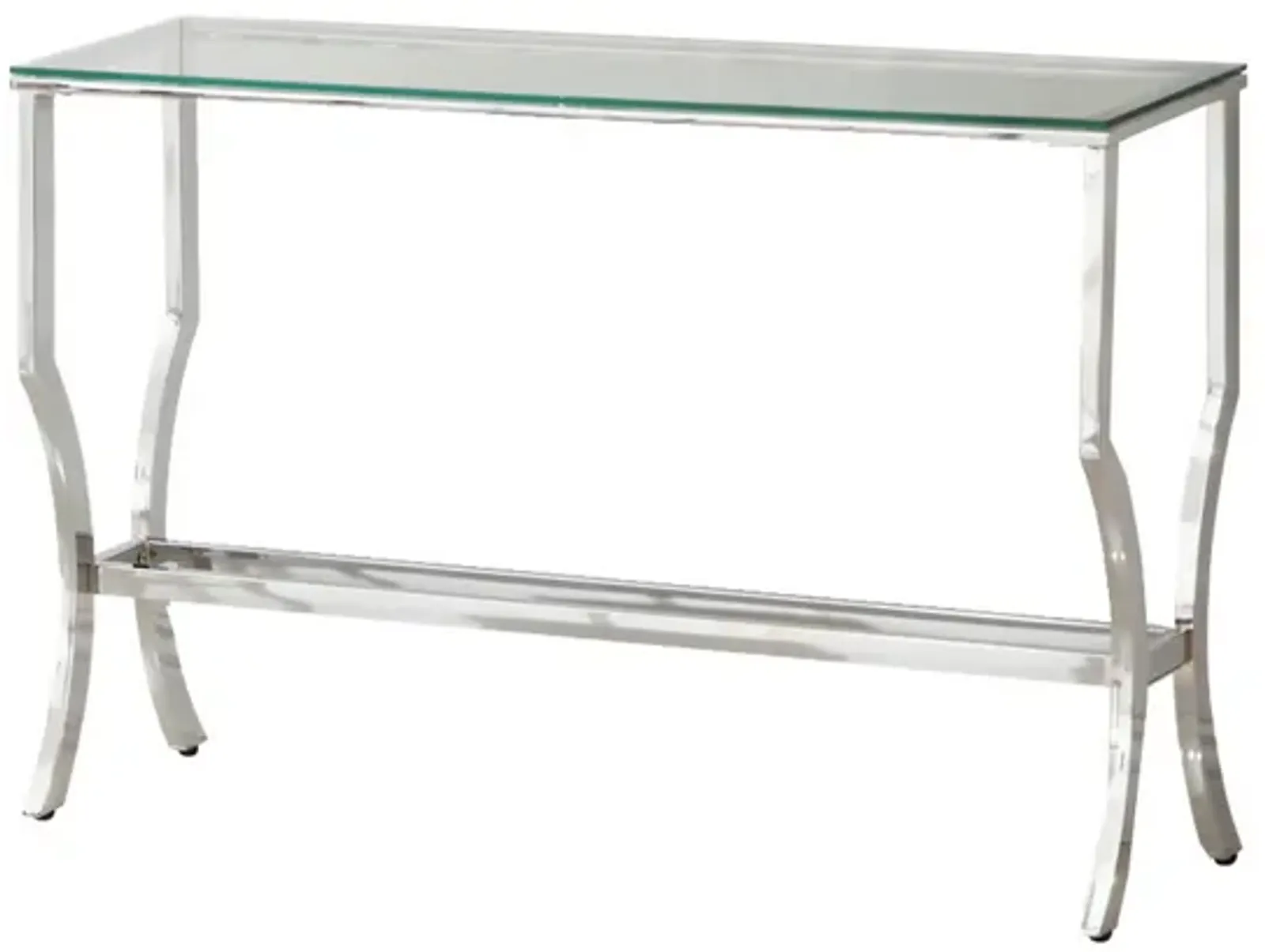 Glass Top Sofa Table with Metal Frame and Mirror Shelf, Chrome-Benzara