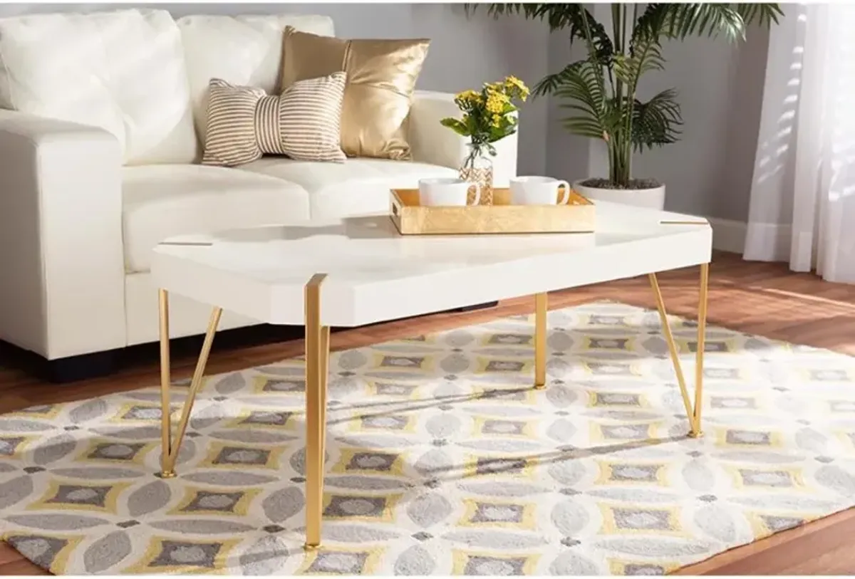 Glam and Luxe Brushed Gold Metal and White Finished Wood Coffee Table