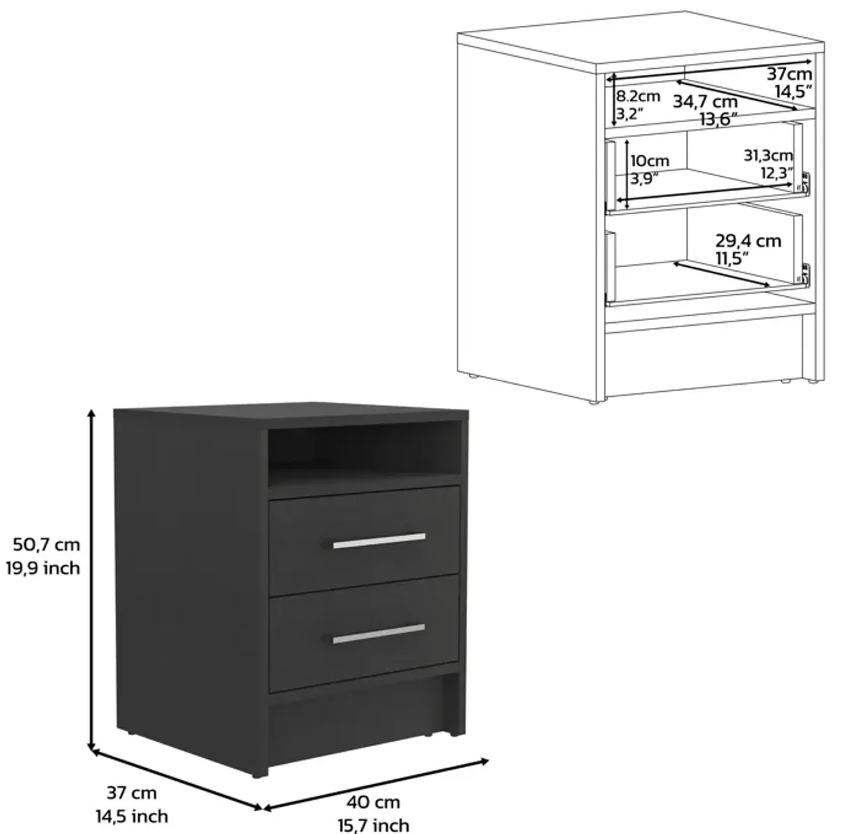 Leyva Nightstand 23.6" H, with 2 Drawers and 1 Shelf, Black