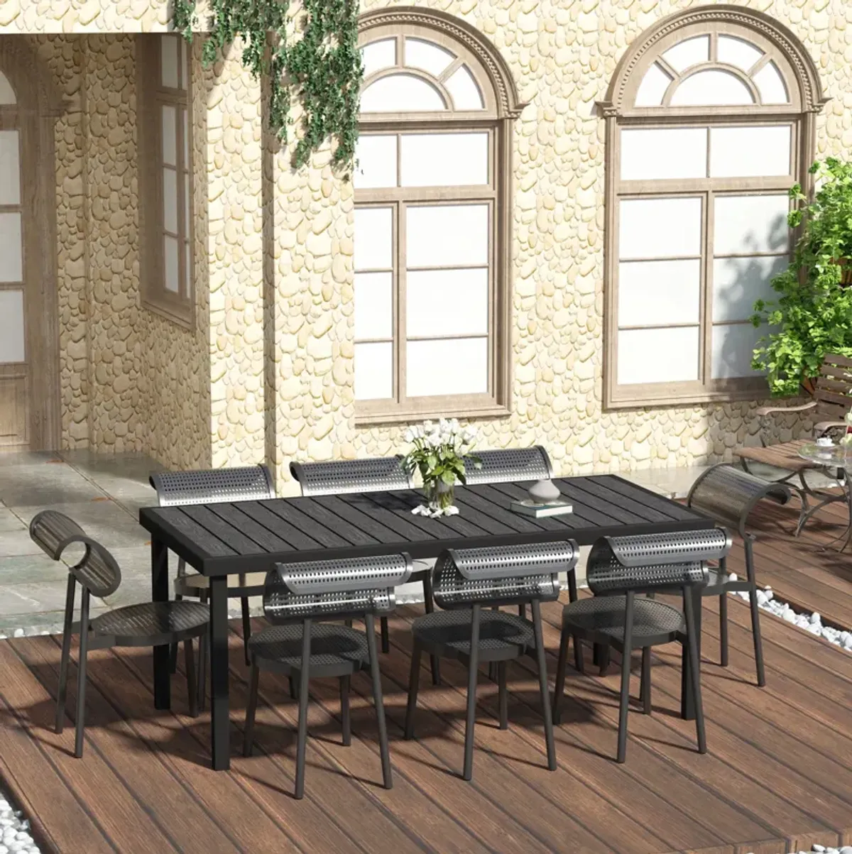 Black Alfresco Dining: 8-Person Rectangular Pedestal Table