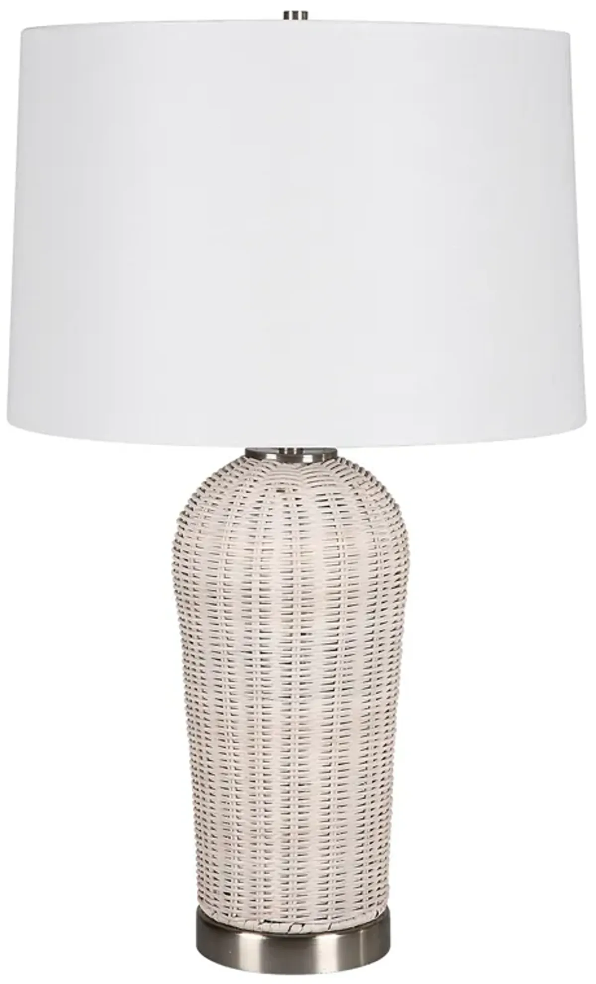 25 Inch Table Lamp, Rattan Woven, White Linen Shade, Brushed Silver Accents - Benzara