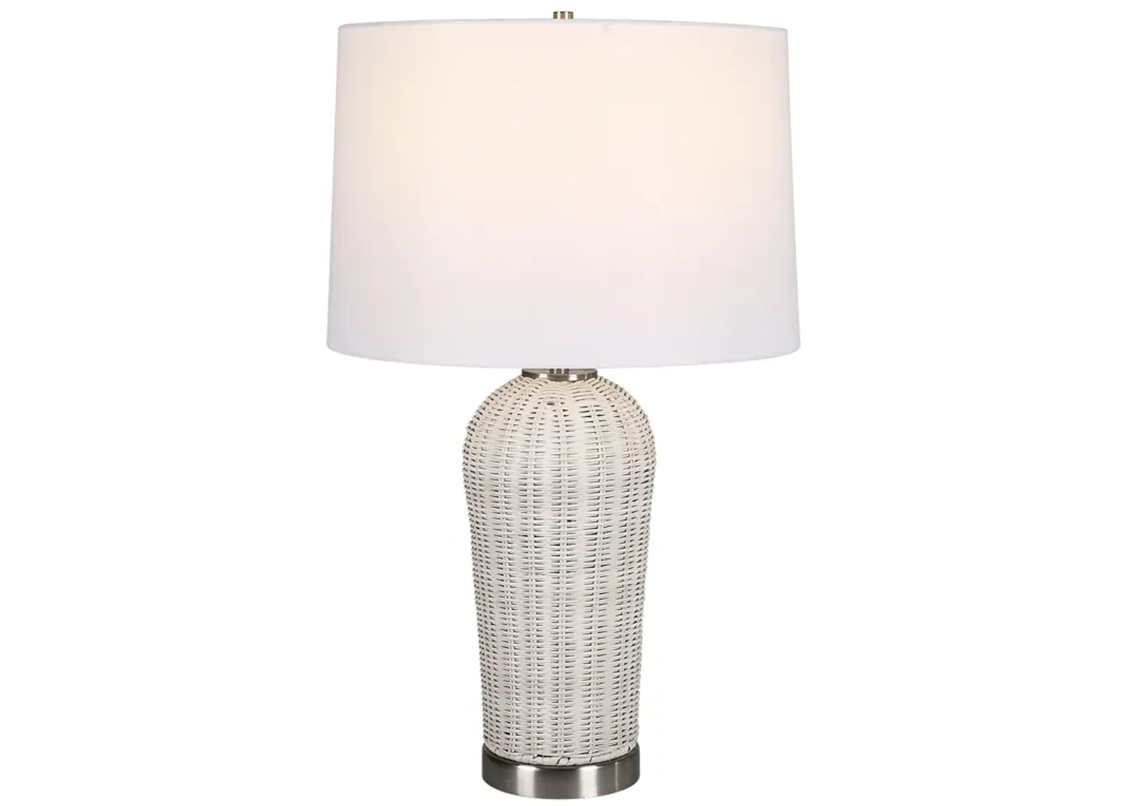 25 Inch Table Lamp, Rattan Woven, White Linen Shade, Brushed Silver Accents - Benzara