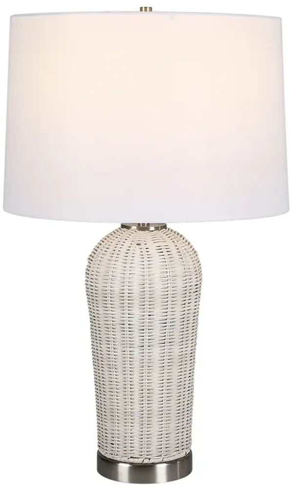 25 Inch Table Lamp, Rattan Woven, White Linen Shade, Brushed Silver Accents - Benzara