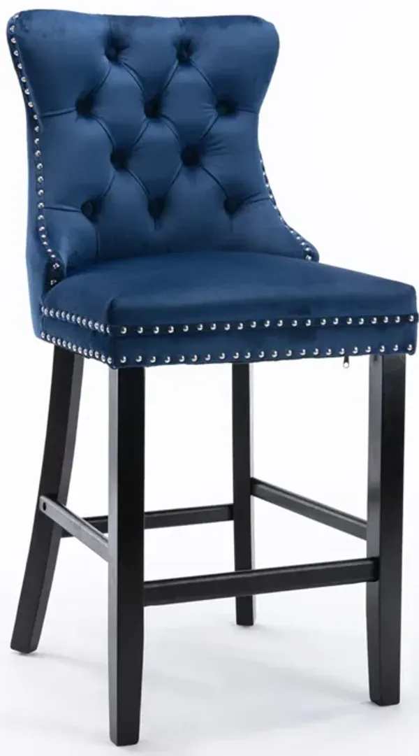 Hivvago 2 pcs HighEnd Chrome Detailed Tufted Contemporary Velvet Bar Stool with Wooden Legs