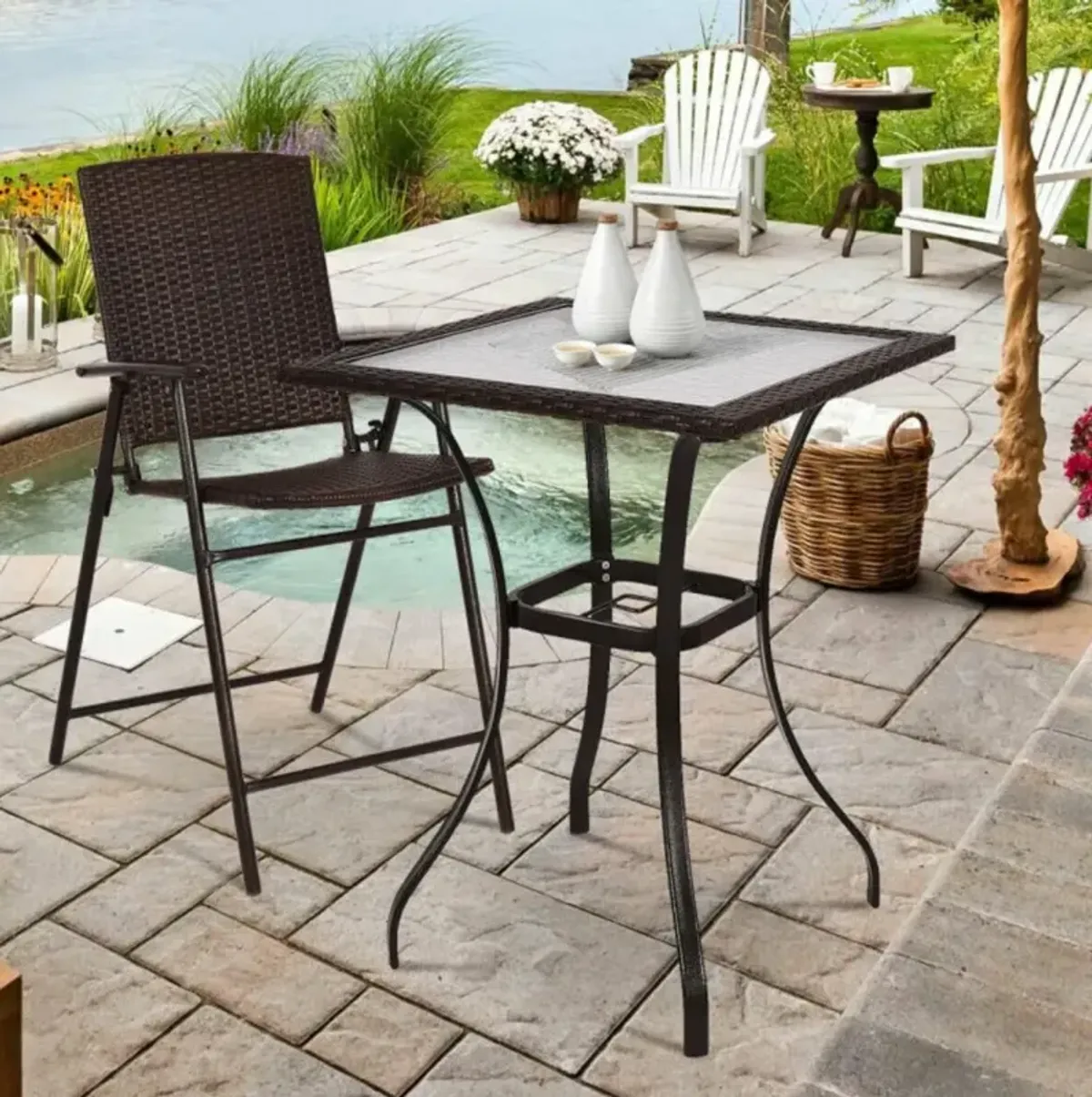 Hivvago 28.5 Inch Outdoor Patio Square Glass Top Table with Rattan Edging