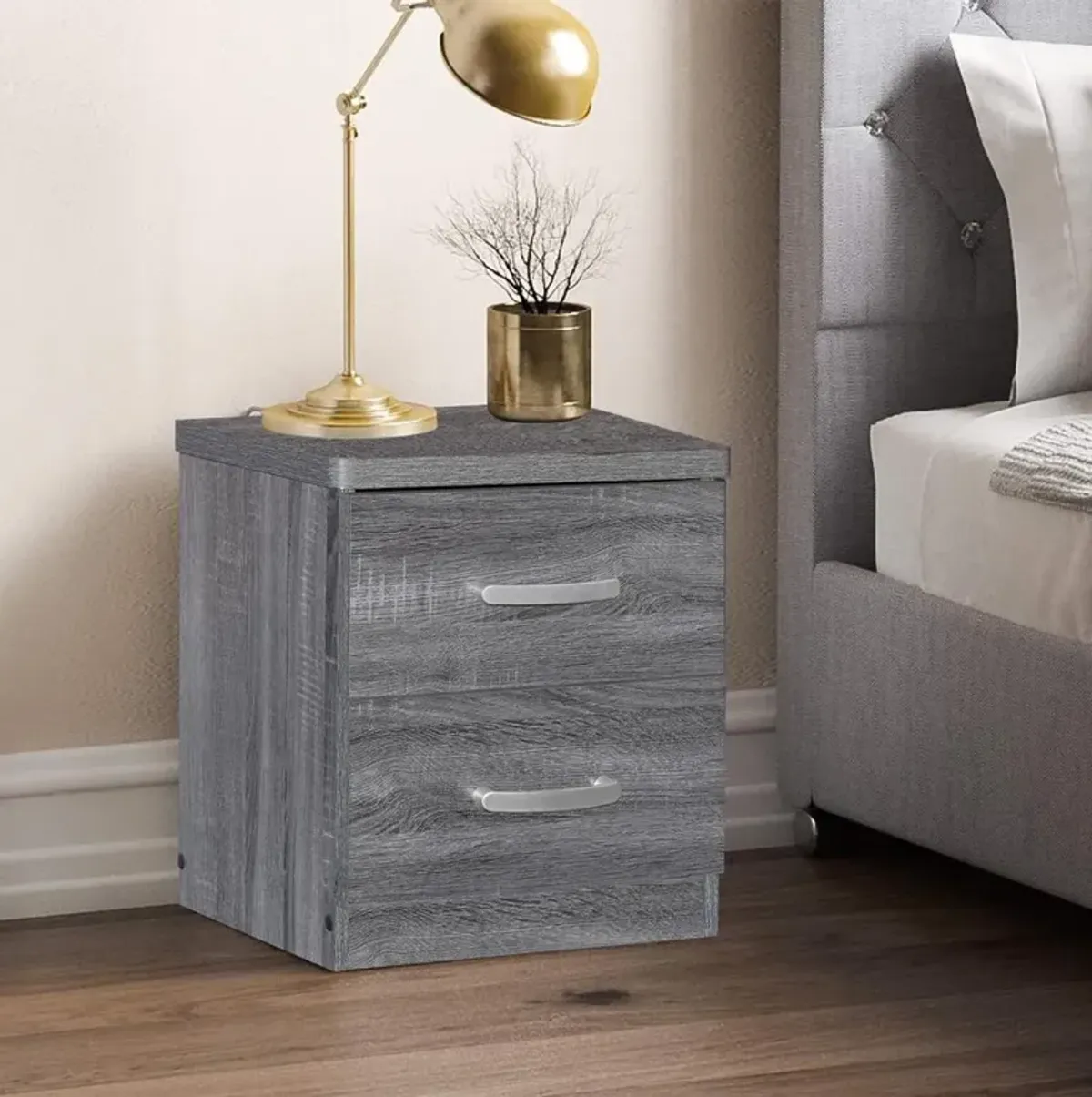 Better Home Products Cindy Faux Wood 2 Drawer Nightstand in Gray