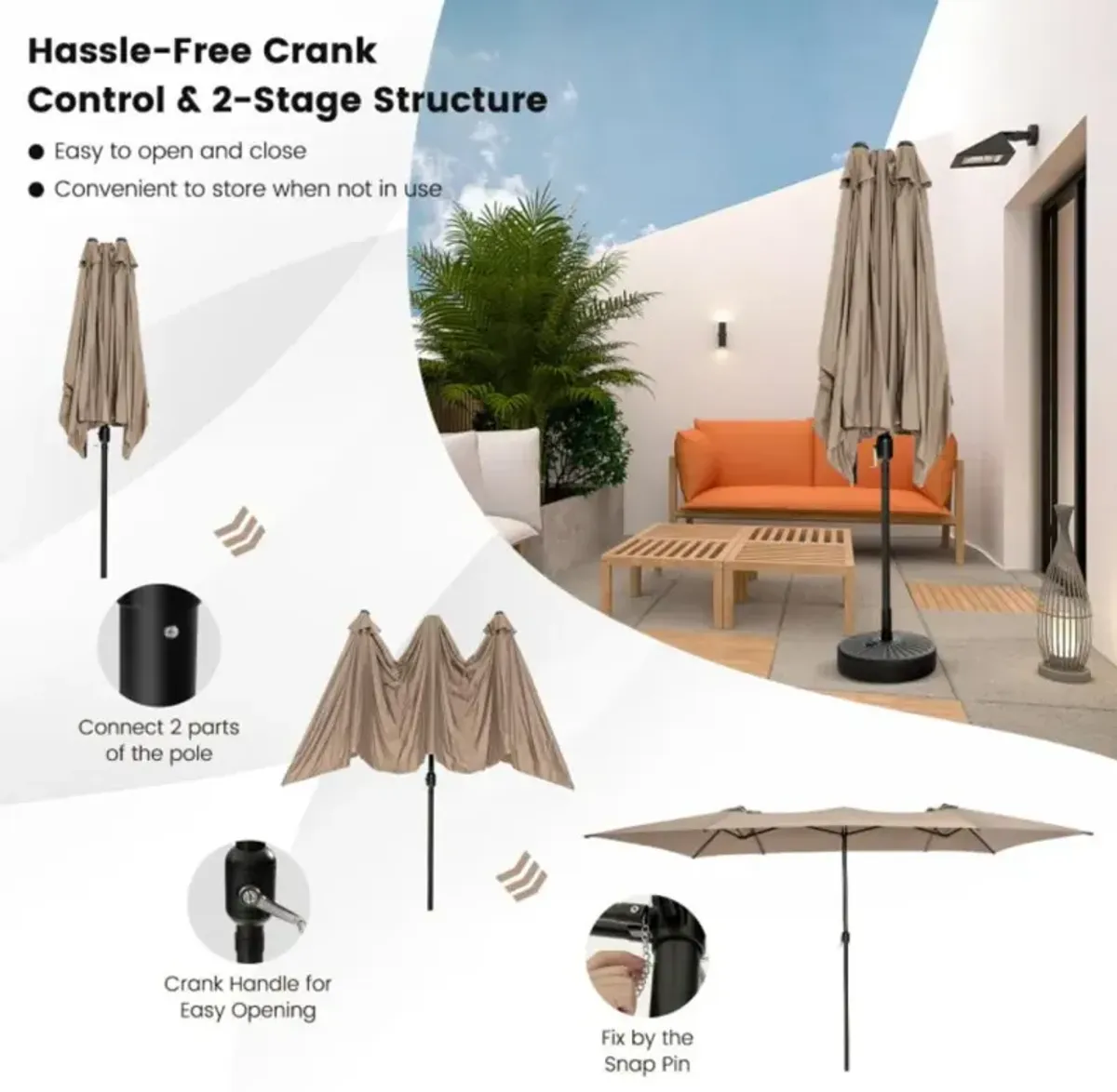 Hivvago 15 Feet Double-Sized Patio Umbrella with Crank Handle and Vented Tops