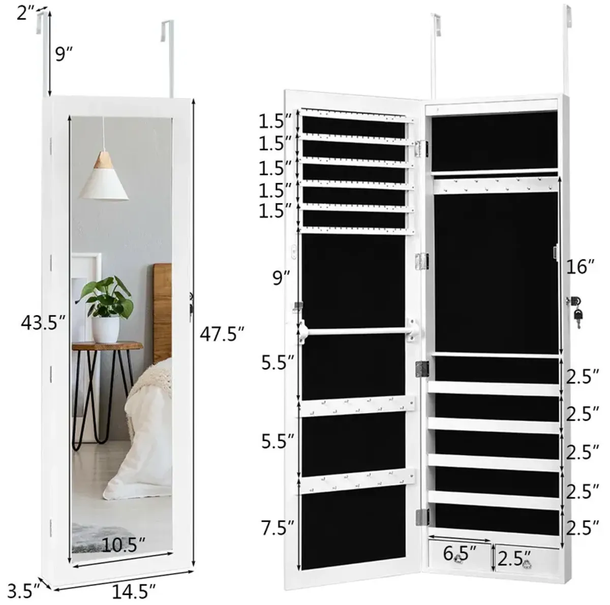 Wall Mounted Lockable Mirror Jewelry Cabinet with LED Light