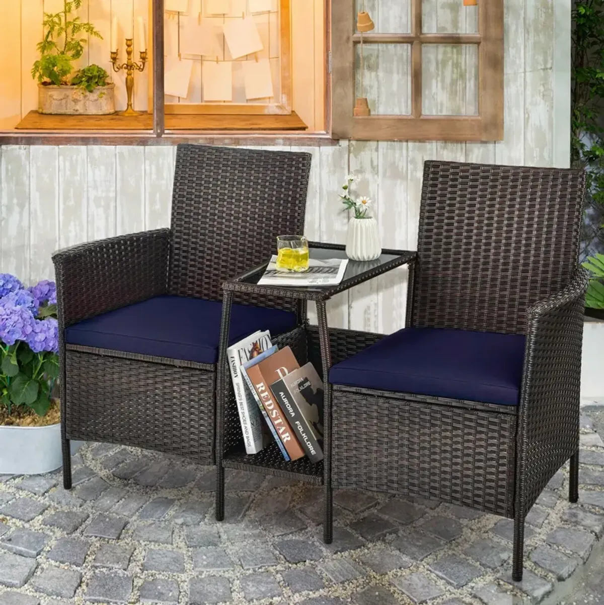 Patio Rattan Wicker Conversation Set Sofa Cushioned Loveseat Glass Table