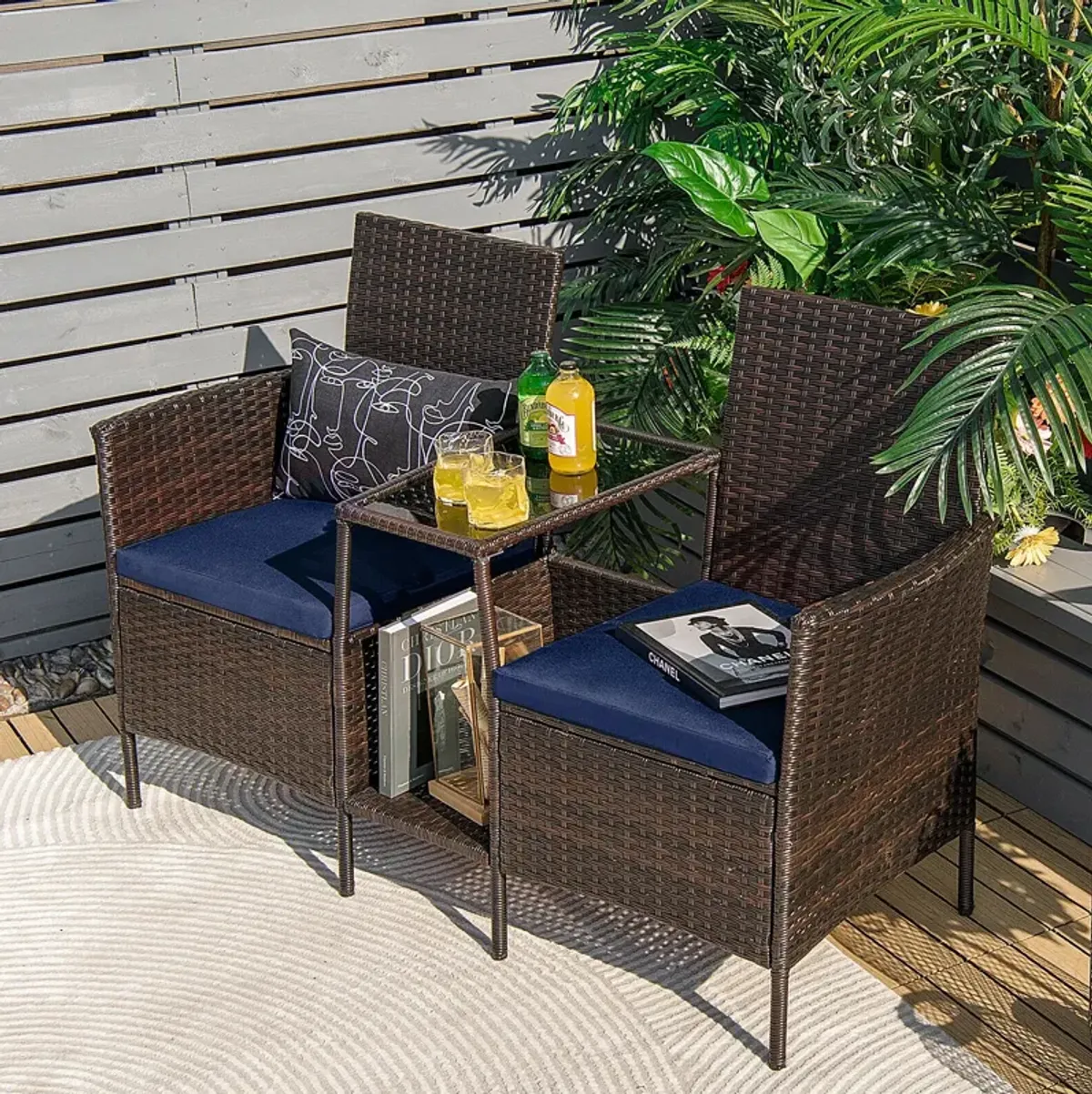 Patio Rattan Wicker Conversation Set Sofa Cushioned Loveseat Glass Table