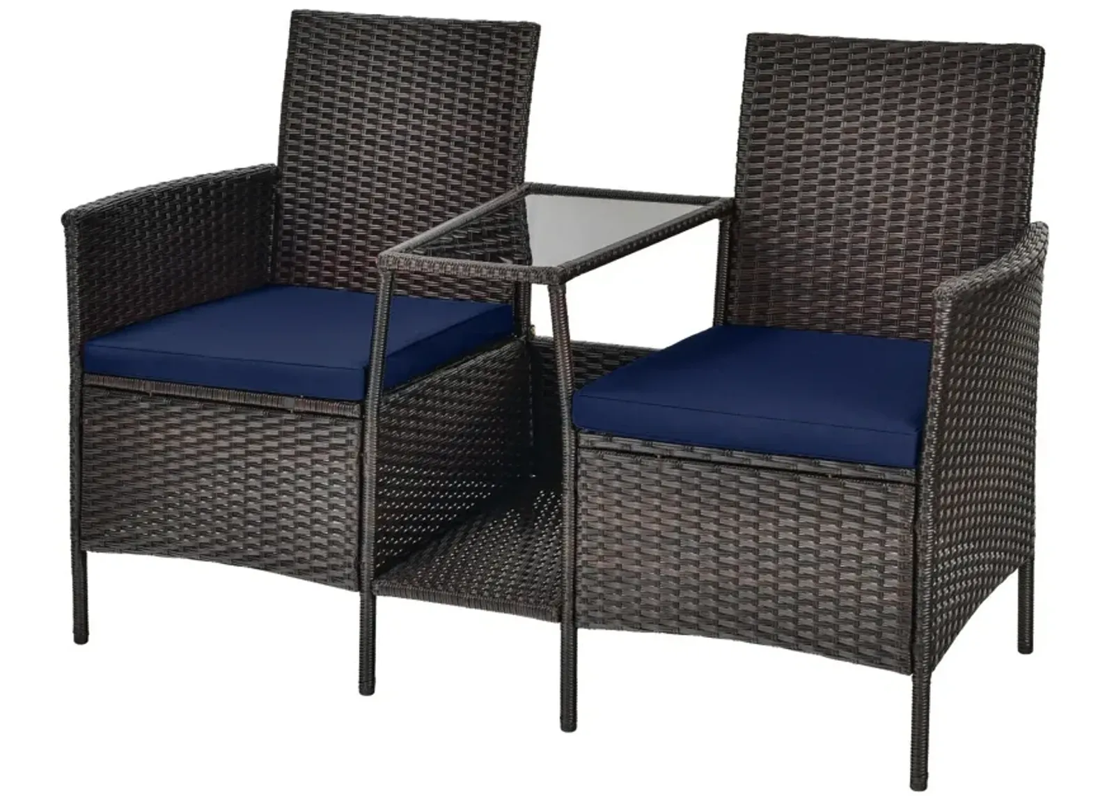 Patio Rattan Wicker Conversation Set Sofa Cushioned Loveseat Glass Table