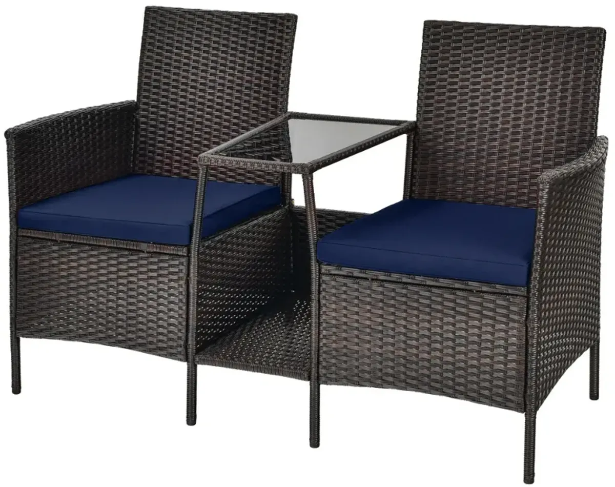 Patio Rattan Wicker Conversation Set Sofa Cushioned Loveseat Glass Table