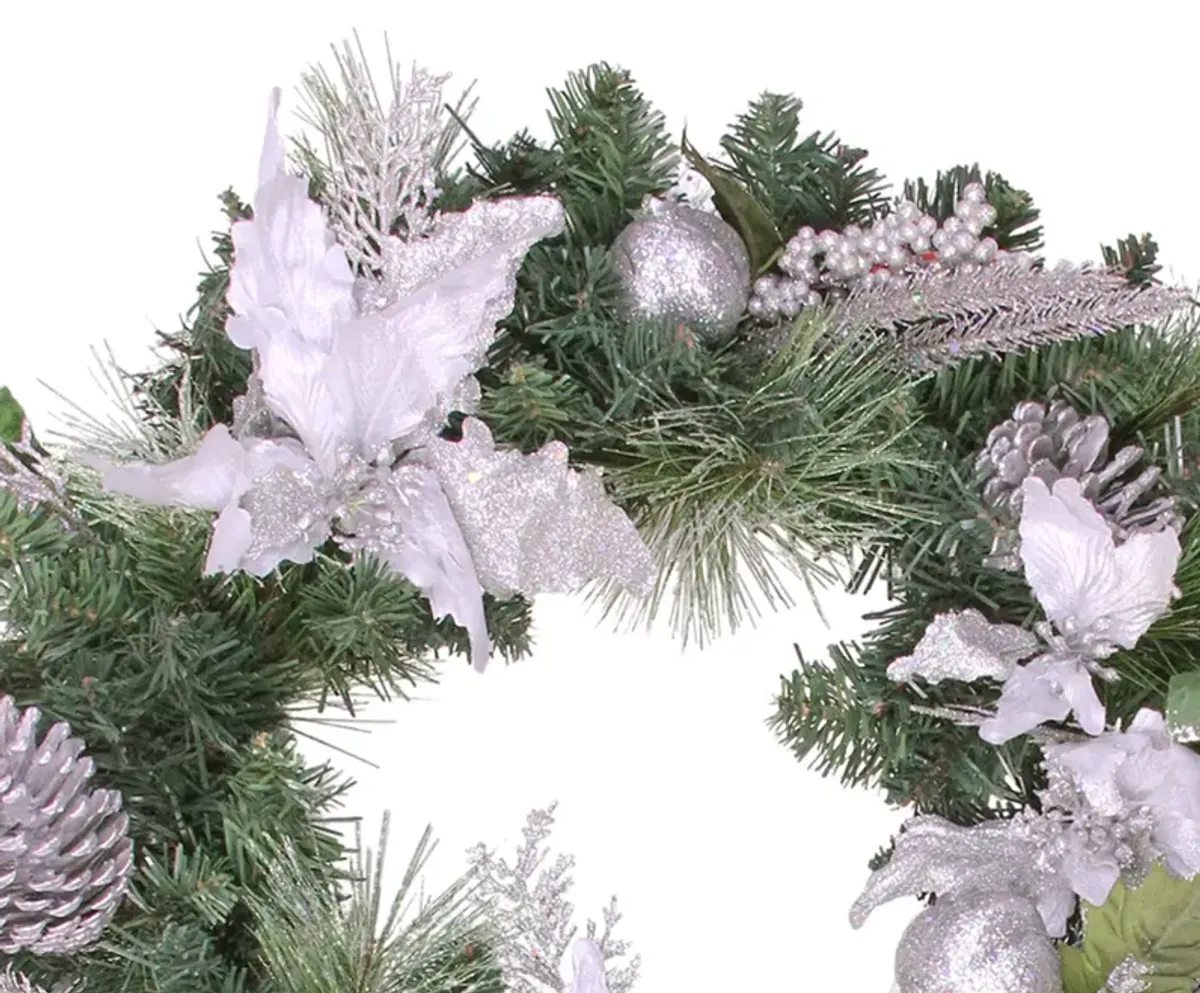 White Poinsettia and Pine Cone Artificial Christmas Wreath  24-Inch  Unlit