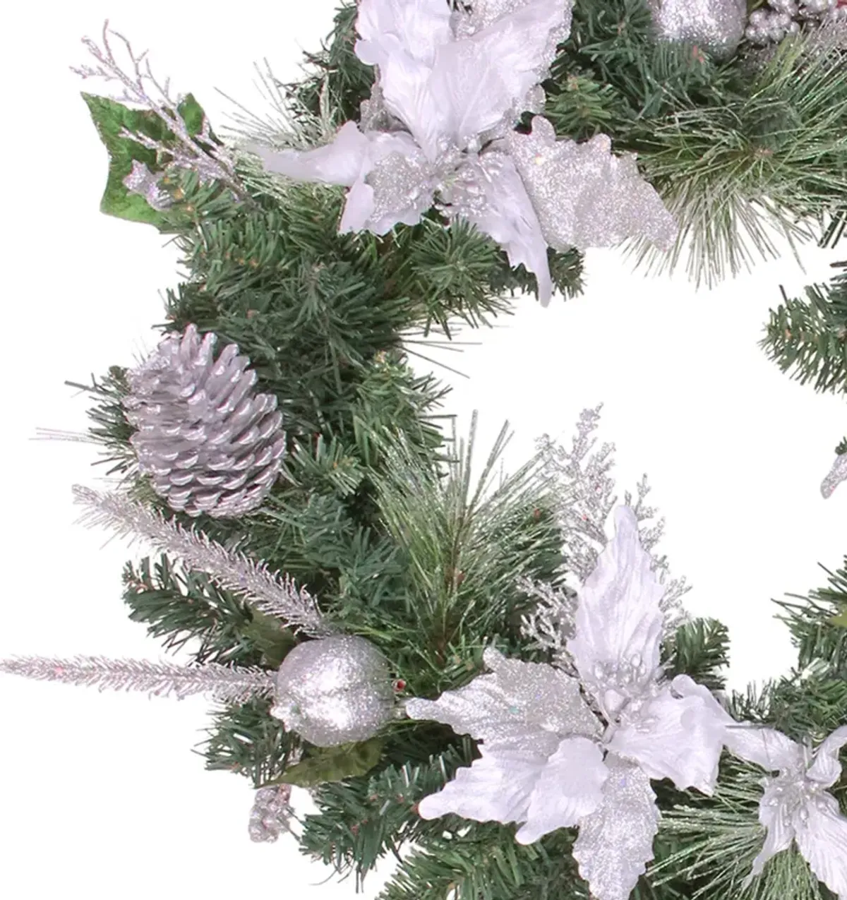 White Poinsettia and Pine Cone Artificial Christmas Wreath  24-Inch  Unlit