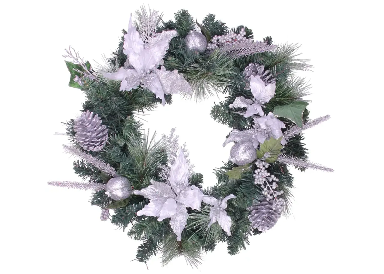 White Poinsettia and Pine Cone Artificial Christmas Wreath  24-Inch  Unlit