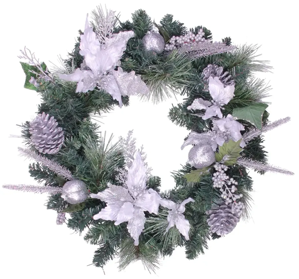 White Poinsettia and Pine Cone Artificial Christmas Wreath  24-Inch  Unlit