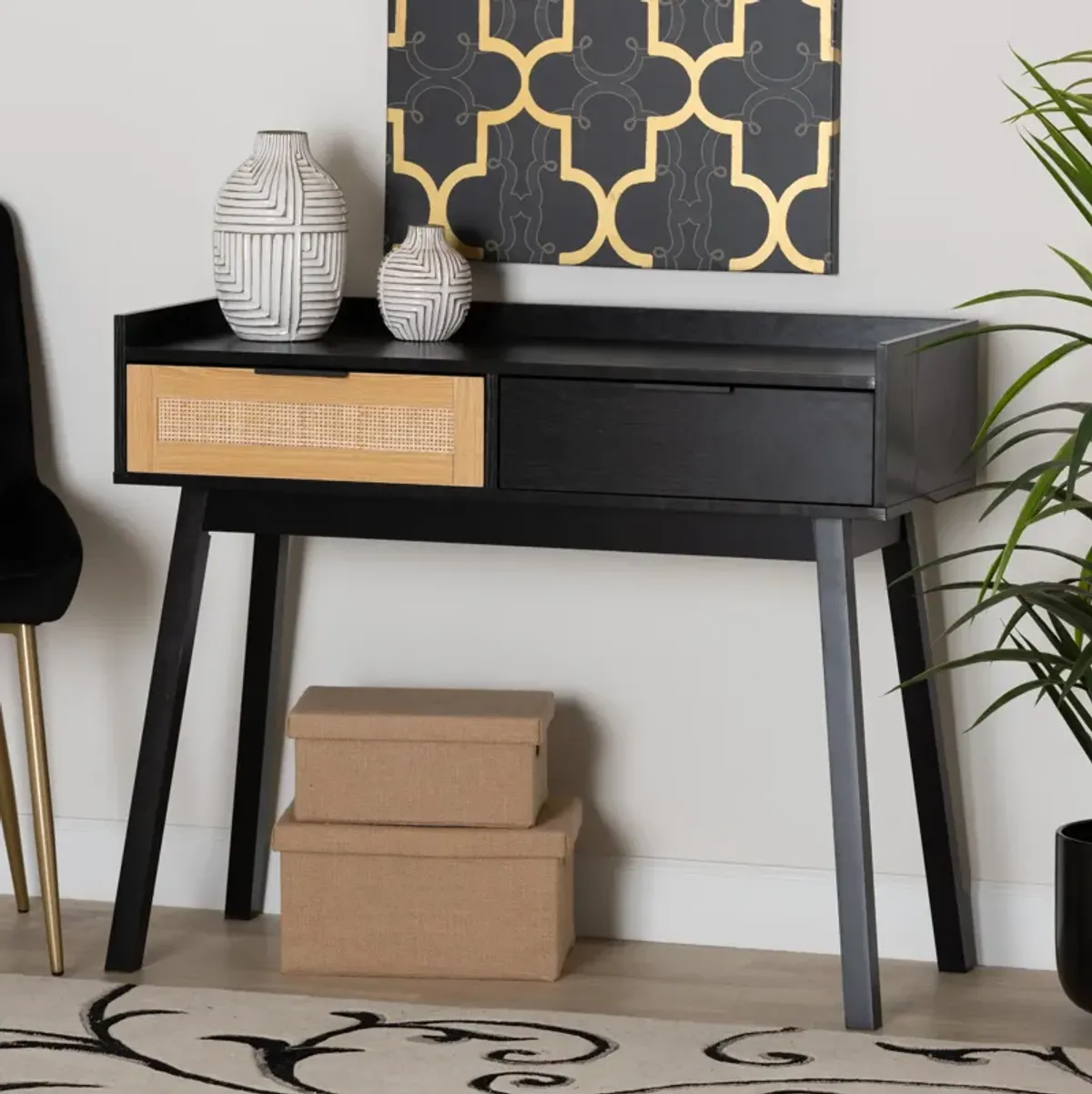 Baxton Studio Kalani Two-Tone Espresso Brown and Natural Finished 2-Drawer Console Table