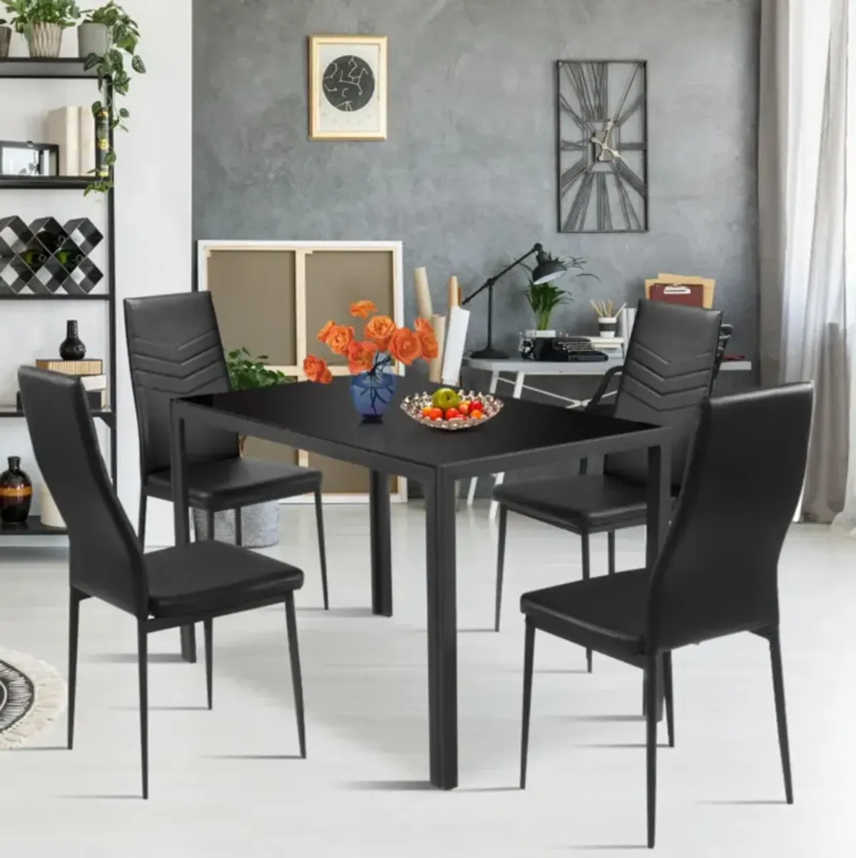 Hivvago 5 Piece Kitchen Dining Set Glass Metal Table and 4 Chairs Breakfast Furniture