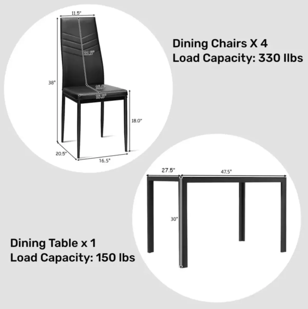 Hivvago 5 Piece Kitchen Dining Set Glass Metal Table and 4 Chairs Breakfast Furniture