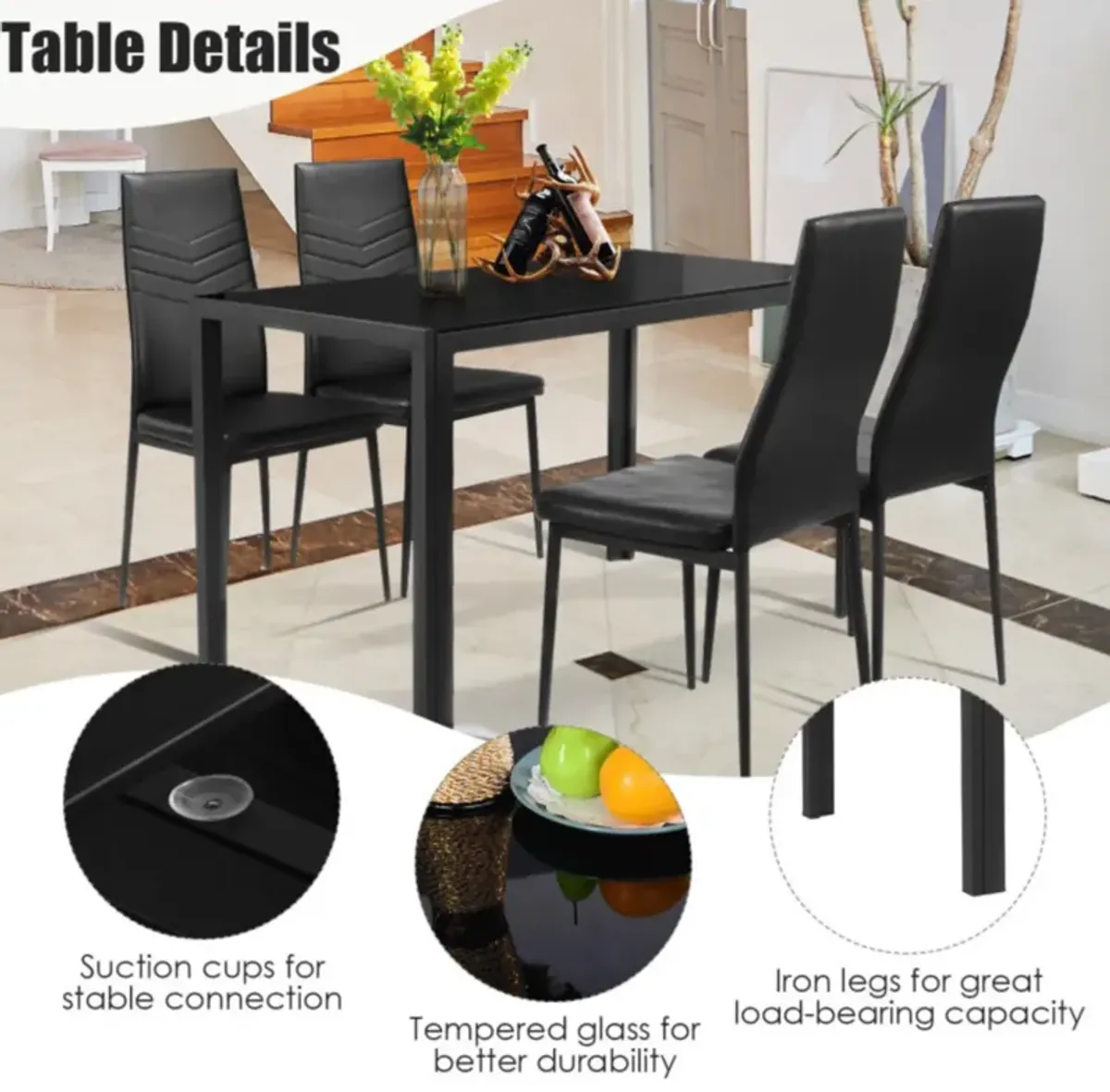 Hivvago 5 Piece Kitchen Dining Set Glass Metal Table and 4 Chairs Breakfast Furniture