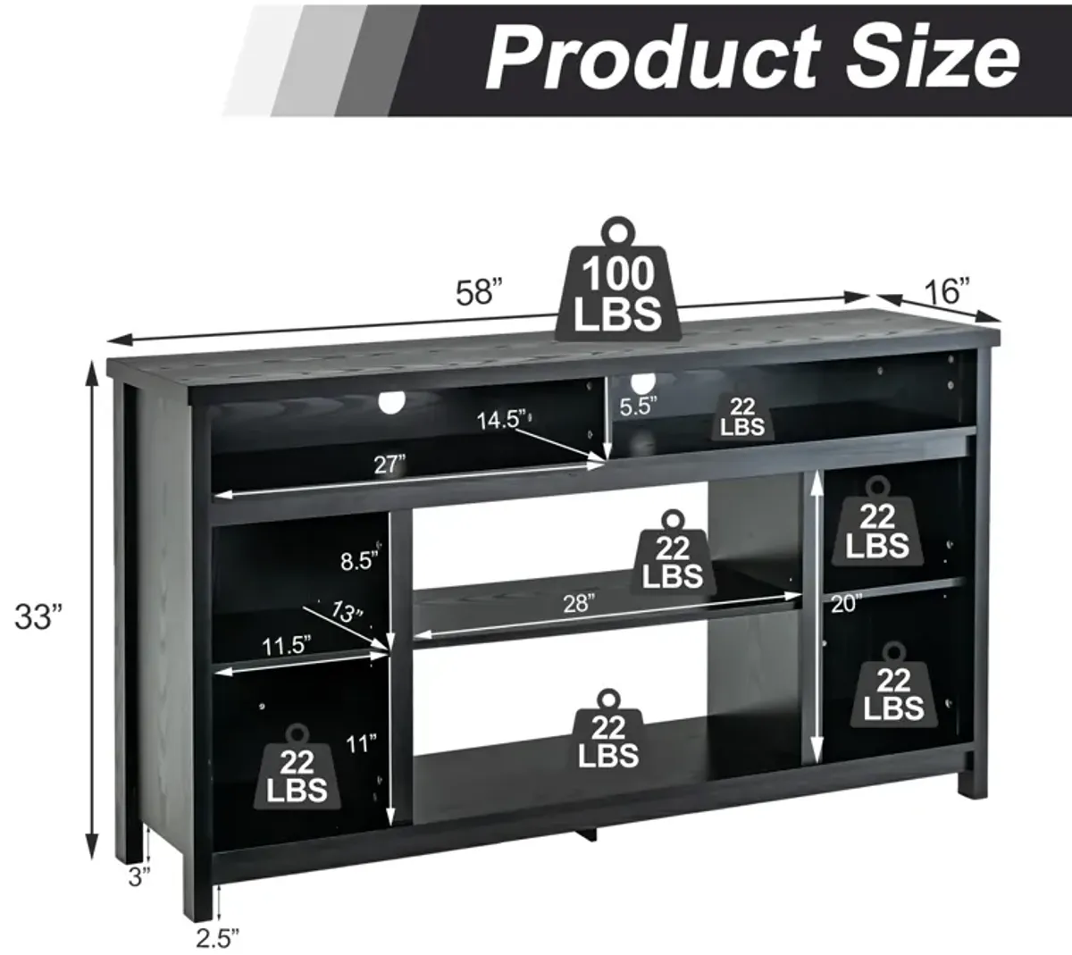 58 Inch TV Stand Entertainment Console Center with Adjustable Open Shelves-Black