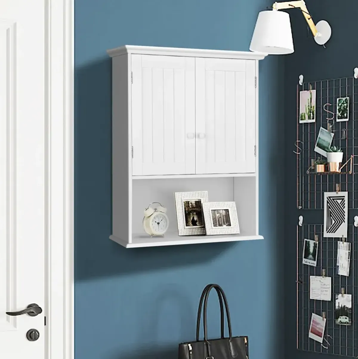 Costway Wall Mount Bathroom Cabinet Storage Organizer Medicine Cabinet with 2-Doors and 1- Shelf Cottage Collection Wall Cabinet Grey