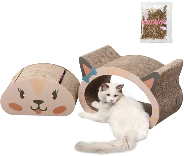 Opal Modern Cardboard Happy Cat Head 2-in-1 Cat Cave Scratcher with Built-In Bell Toys and Catnip