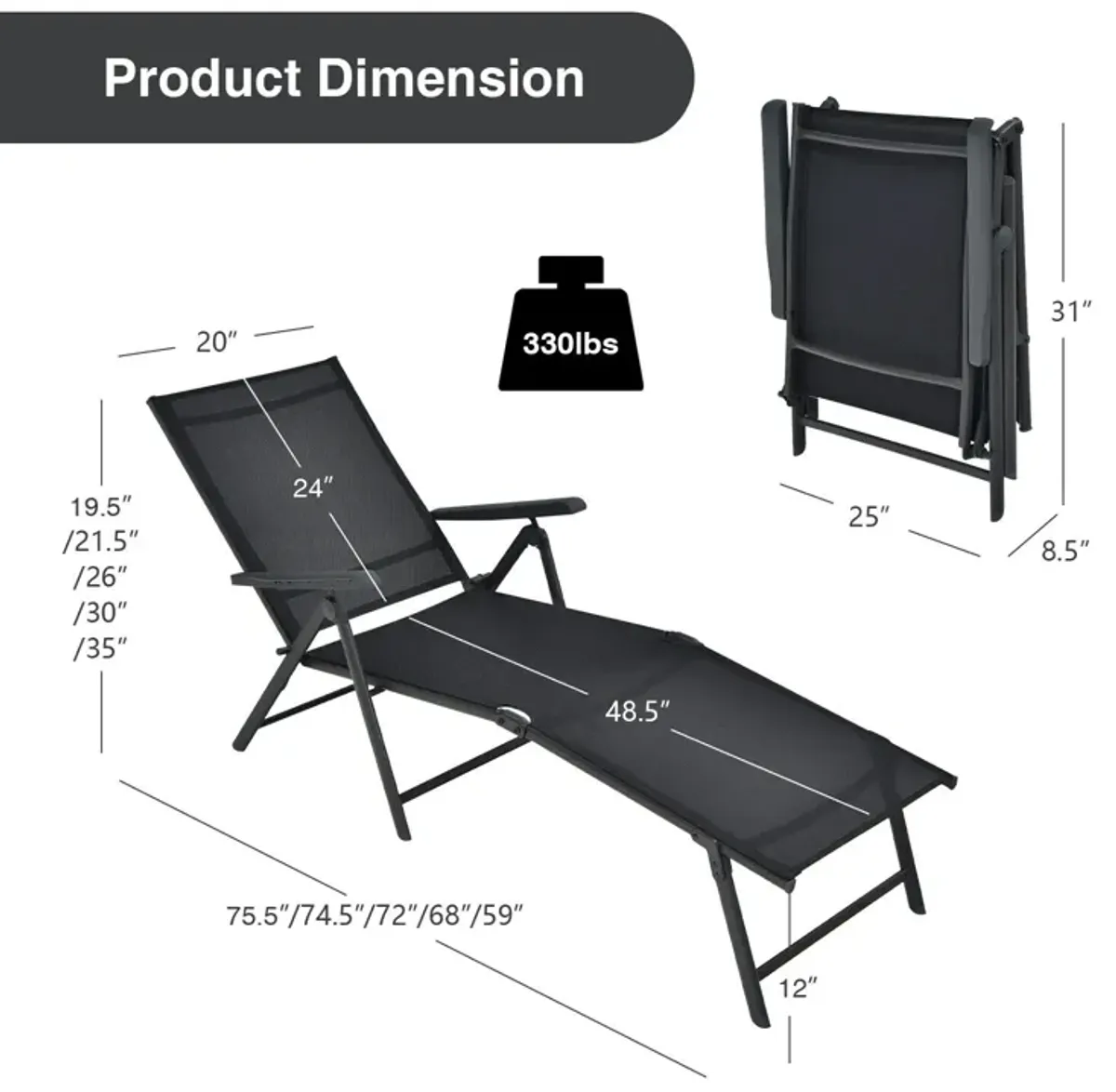 2 Pieces Foldable Chaise Lounge Chair with 2-Position Footrest