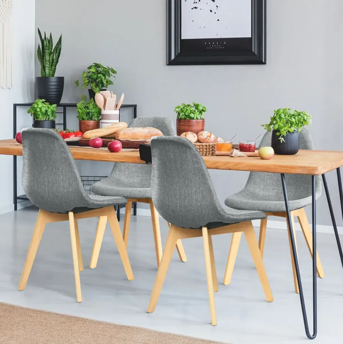 4 Pieces Modern Dining Chair Set with Wood Legs and Fabric Cushion Seat